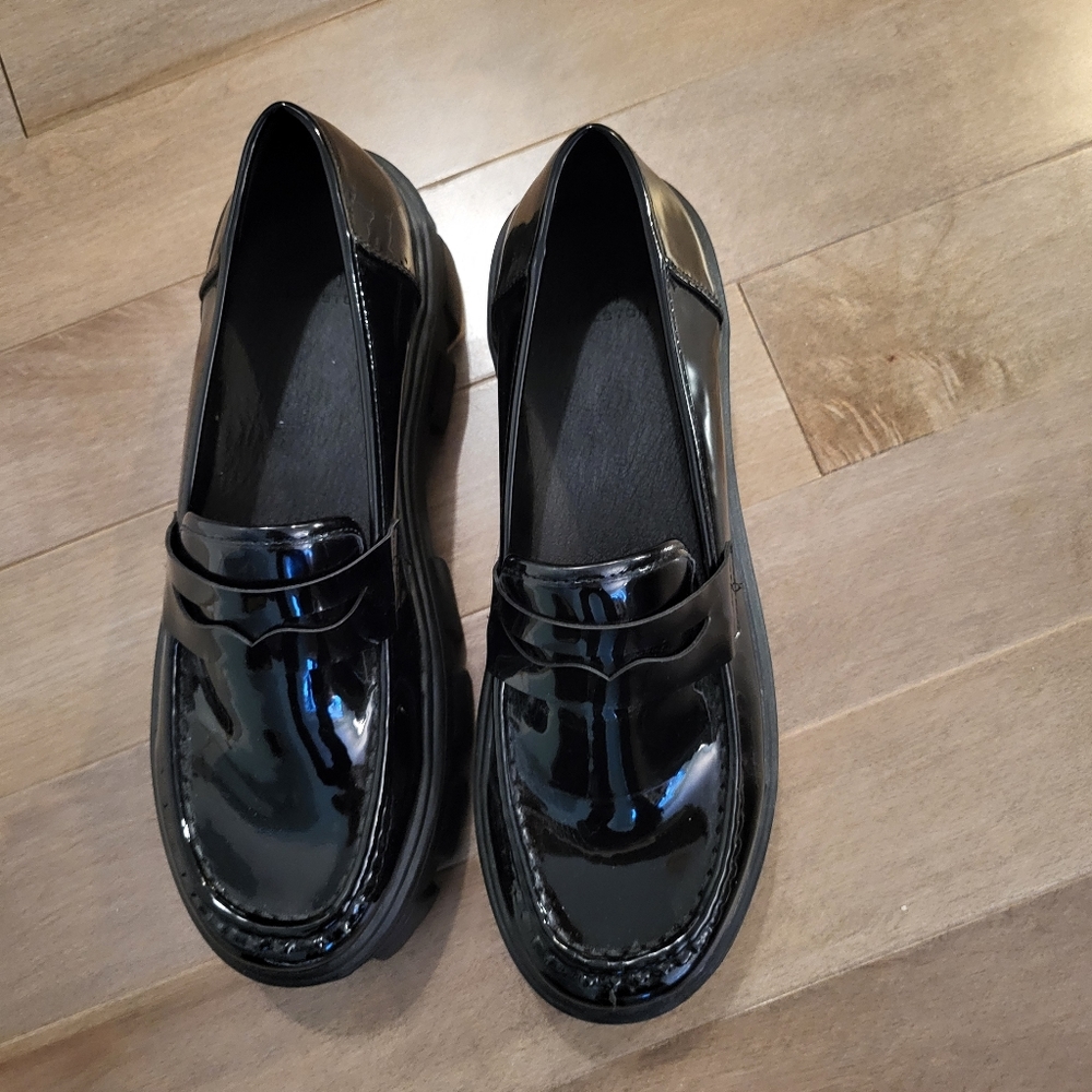 H by Halston Chunky Platform Patent Loafers Black Vegan Leather Size 9